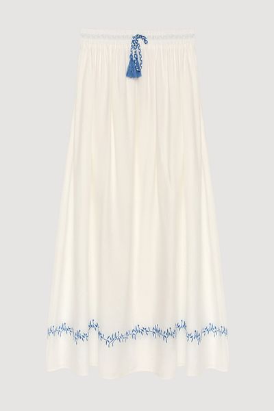 Quzu Elastic Waist Hem Embroidered Midi Skirt Ecru
