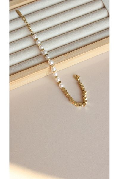 Tişt Accessory Xupin Women's Gold Color Half Pearl Beaded Other Half Faceted Steel Bracelet