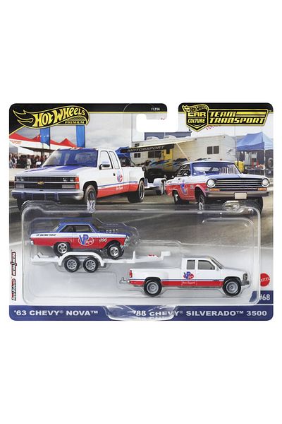 HOT WHEELS CHEVY SILVERADO 3500 88 TRANSPORTER WITH CHEVY NOVA 63 CAR 1:64 SCALE