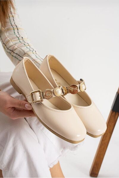 FLARF Daily Women's Ballerina Beige Patent Leather Gold Coin Pearl Buckle Soundless Orthopedic Lightweight Comfortable Shoes