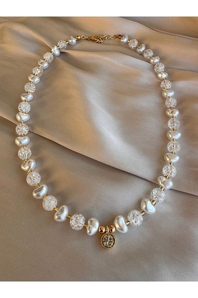 HERCY Baroque Pearl and Broken Glass Beaded Zircon Stone Necklace |   White Necklace |   Solitaire Necklace