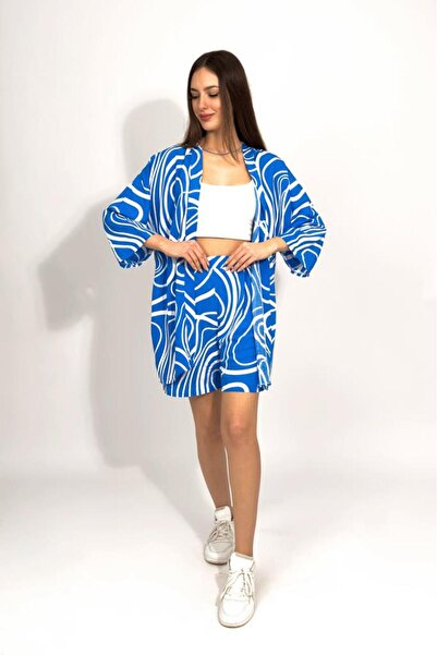Betimoda Woven Viscose Relaxed Fit Kimono Shorts Top and Bottom Set Blue
