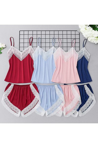 style iconic Satin Lace-Trim Cami & Shorts Nightwear Set – Elegant, Soft & Comfortable