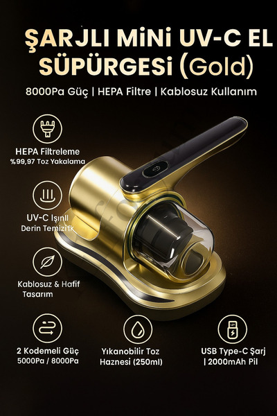 Kılıforyum El Süpürgesi Şarjlı Mini UV-C Işınlı – HEPA Filtreli, Kablosuz, 8000Pa Güç Yeni Nesil