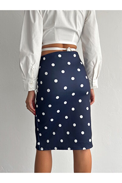 MaxiMor Fusta creion cu buline de culoare bleumarin pentru femei, cu talie elastică, lungime 65 cm