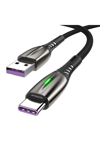 EMESZON LED data cable 5A 1m, EMESZON®, Type-C USB data transfer, phone charging, Quick Charge 3.0, black