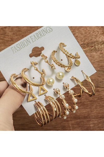 Hilosh Zarif ve Şık 9'lu Altın Renk Küpe Seti – Günlük ve Özel Günler İçin