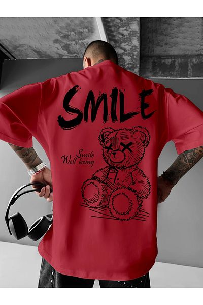 LAND MODA Bright Yellow "Smile" Graphic T-Shirt for Men - Streetwear, Loose Fit, Comfortable Round Neck