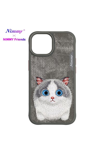 Nimmy iPhone 15 Pro Uyumlu 3D Göz Gray Kedi Detaylı Gerçek Nakış İşlemeli Kab...