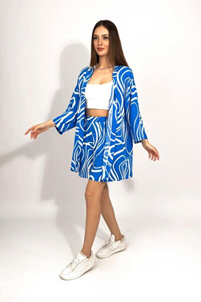 Betimoda Woven Viscose Relaxed Fit Kimono Shorts Top and Bottom Set Blue