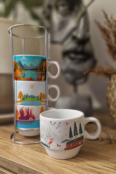 DİLAHOME Nature Themed Set of 4 Colorful Mugs – Porcelain, Metal Stand, Coffee Tea Cup