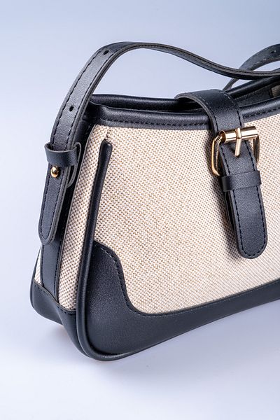 Oblavion Black Vegan Leather Detailed Canvas Adjustable Hand and Shoulder Bag