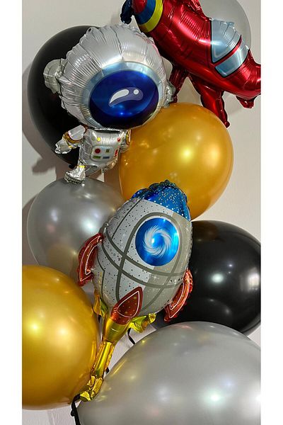 PartyPoo Metallic Silver Heart Foil and Space Concept 3-Piece Foil Balloon Set Birthday Party Foil 12 Pieces