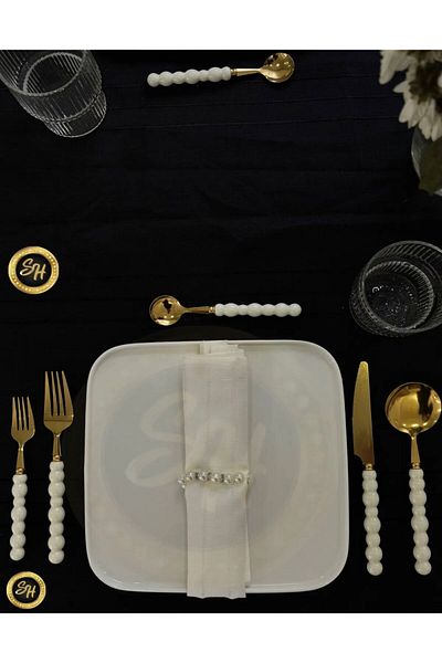 Snow Homs 30 Piece Gold White Pearl Stone Detailed Fork, Knife, Spoon, Dessert Spoon, Dessert Fork Set