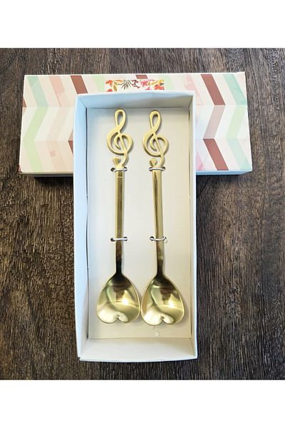 LOVYCO Pack of 2 Melody, Note Key Shaped Heart Tip Mini Coffee, Tea Presentation Spoon 1 Piece 13.5 cm