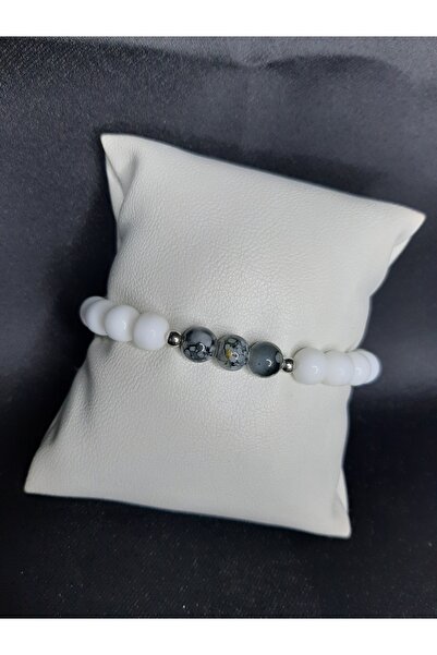 MRYart سوار مرن للجنسين من العقيق الأبيض وحجر الأوبسيديان الطبيعي على شكل ندف...