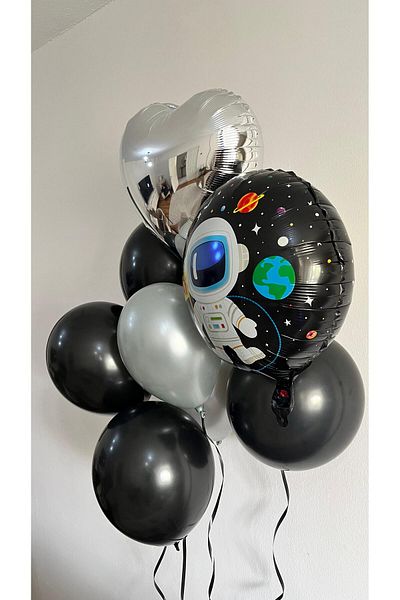 PartyPoo 13 Pieces Metallic Silver Heart Foil and Space Foil Balloon Set Birthday Party Foil Balloon Set
