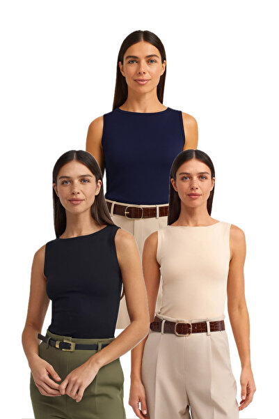 Bukamiss Decolteu barcă 3 piese fără mâneci Top-Negru Crem Bleumarin