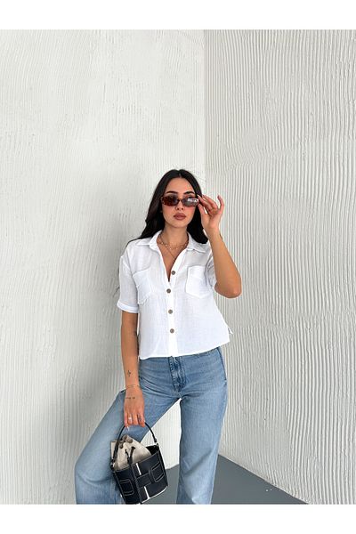 OKSHEN Crop Muslin Shirt with Pockets