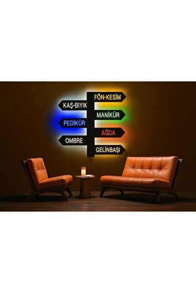 Adrift Kadın Kuaför Yazılı Led Işıklı Tablo, Duvar Dekor Ahşap, Neon Işık, Du...
