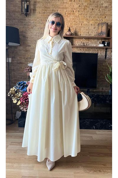 Cardella Gold Button Detailed Side Tie Poplin Dress Hijab Compatible Tie Dress