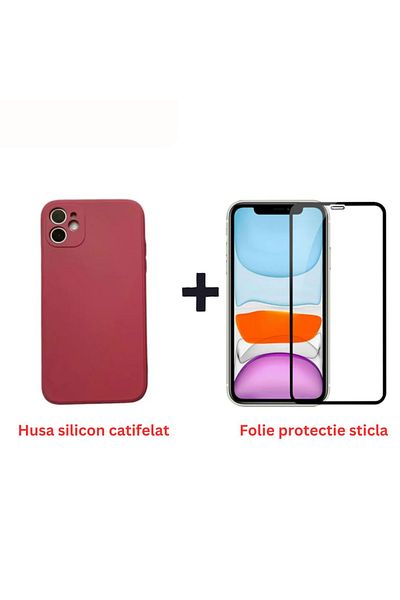 OEM Full protection package for Iphone 11 - Silicone case + Glass protector - Burgundy