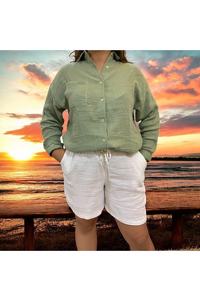 ArdaEge Women's White Muslin Shorts with Elastic Waist and Pockets