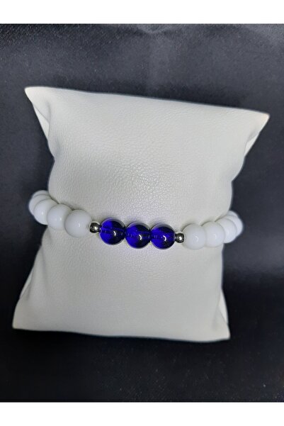 MRYart White Agate & Navy Blue Glass Beads Unisex Elastic Bracelet (8 mm)