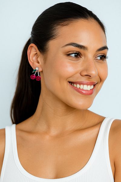Luminos Butik Red Stone Cherry Earrings – Sweet and Energetic Summer Style Mk004-Silver