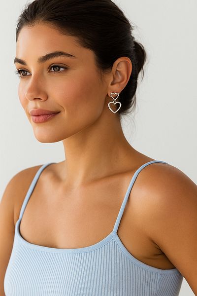 Luminos Butik Twin of Love: Double Heart Earrings with Dangle Mk0010-Silver