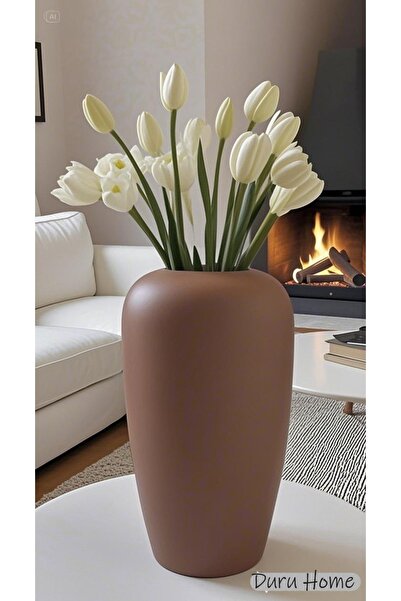 Lui Tasarım İskandinav Tarzı Büyük Boy Modern Şık Seramik Açık Kahverengi Hera Vazo 26 cm