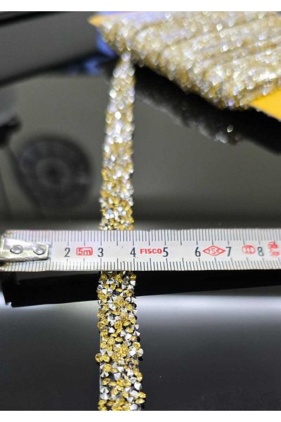 nano moda Hayal Model Stone Iron-On Strip Applique Yellow and Silver Color 1 cm X 2 Meters Decorative Strip