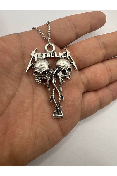 Herşey Nota Metallica Two Skeleton Heads Silver Color Unisex Necklace – Rock and Metal Style Jewelry