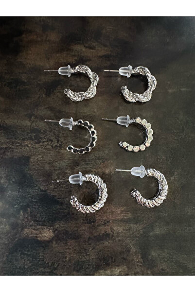 LAİKA 3'lü Rodyum Kaplama Kararmaz Halka Küpe Seti