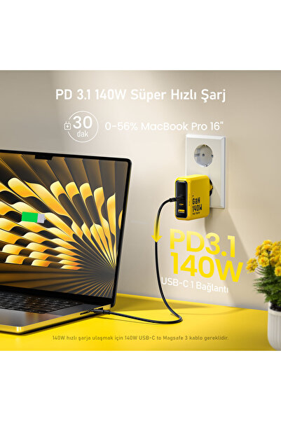 Aohi Youth 140W 3 Portlu Şarj Adaptörü, 240W 8K Süper Hızlı Şarj/Data Kablosu Seti