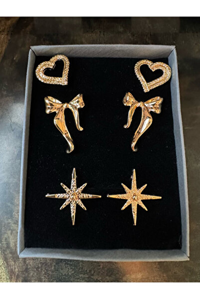 LAİKA 3'lü Altın Kaplama Kararmaz Halka Küpe Seti Kalp-Kuzey Yıldızı-Fiyonk
