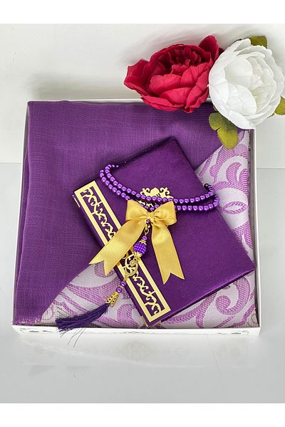 Markapolin Dowry Gift Luxury Prayer Rug Set – Yasin, Prayer Beads, Headscarf Purple