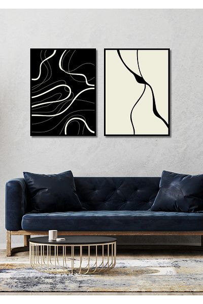 NT Handmade Σετ ζωγραφικής με κυματιστές αφηρημένες γραμμές με μαύρο πλαίσιο Διακόσμηση τοίχου για σαλόνι καθιστικό υπνοδωμάτιο