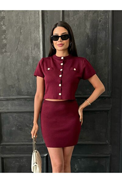 QADİSH Women's Button Detail Mini Skirt Bluz Suit