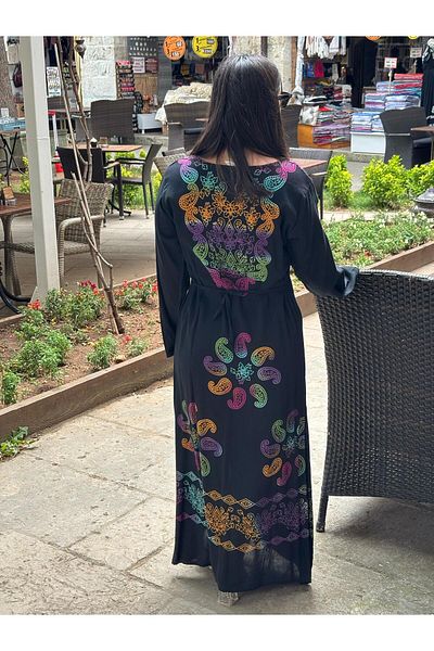 Sobe Hediyelik Black Colored Patterned Long Loose Dress – Stylish and Comfortable Four Seasons Model