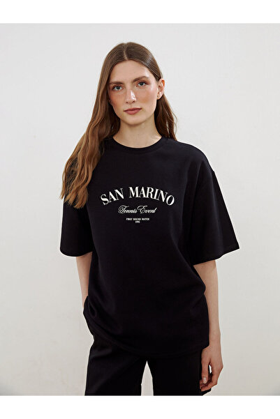 LC Waikiki Black Crew Neck San Marino Printed Women's T-Shirt