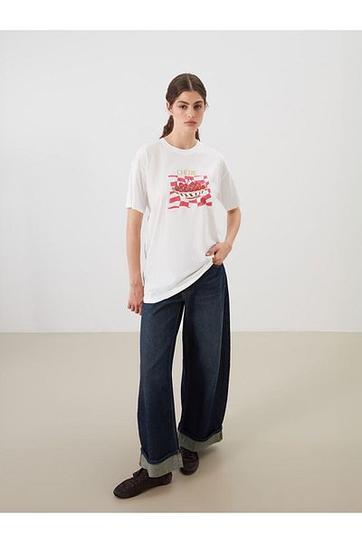 LC Waikiki Ecru Crew Neck Cherry Printed Women's T-Shirt