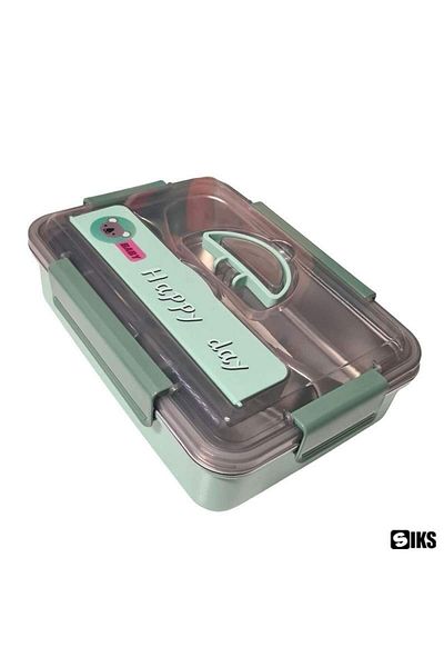 SIKS Stainless Steel Compartmented Thermal Casserole for Children with Spoon, 25x18x8, 500g, Green