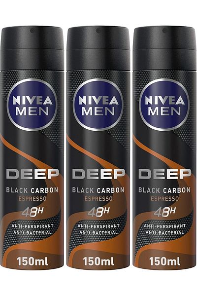 NIVEA MEN Antiperspirant Spray for Men, Antibacterial DEEP Black Carbon Espresso, 3x150ml
