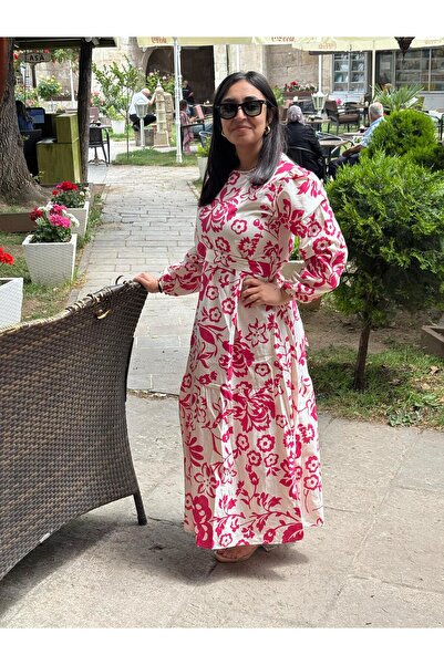 Sobe Hediyelik Pink Floral Print Loose Long Sleeve Dress - Modern and Comfortable Design