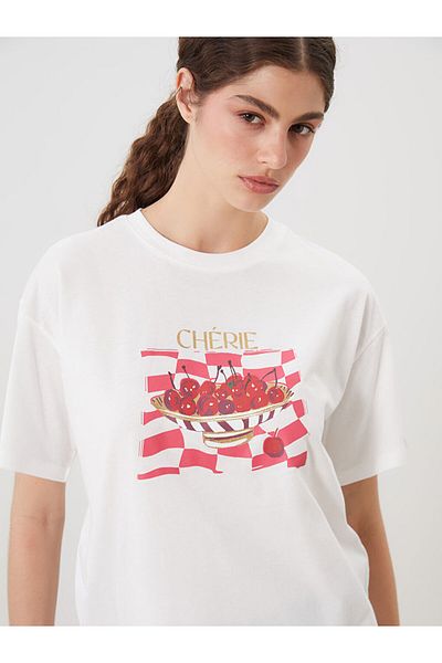 LC Waikiki Ecru Crew Neck Cherry Printed Women's T-Shirt