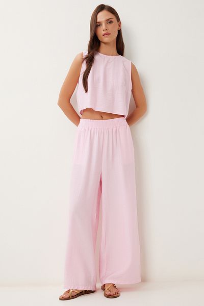Lovelyİstanbul Tie Detailed Blouse Pants Set Candy Pink Lrv0104