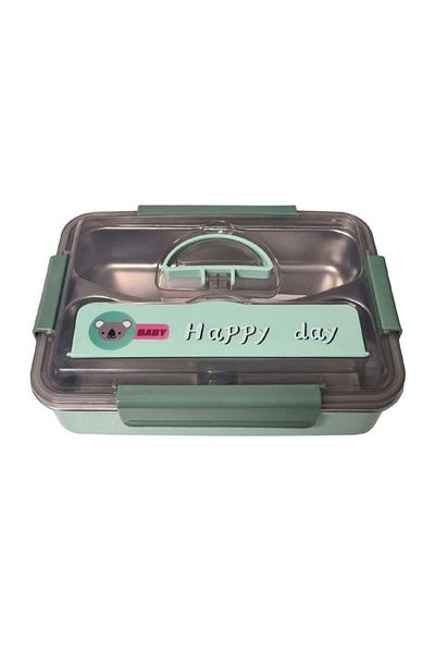 SIKS Stainless Steel Compartmented Thermal Casserole for Children with Spoon, 25x18x8, 500g, Green