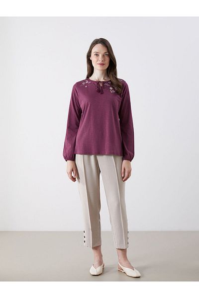 LC Waikiki Grace Burgundy Tie Collar Patterned Women's Blouse