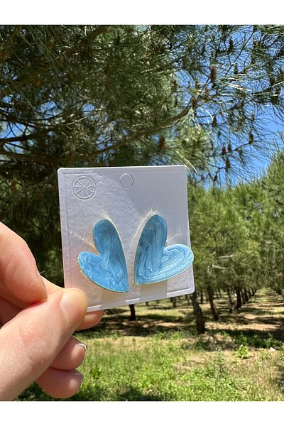 Claritas Takı Blue Colored Enamel Design Heart Earrings